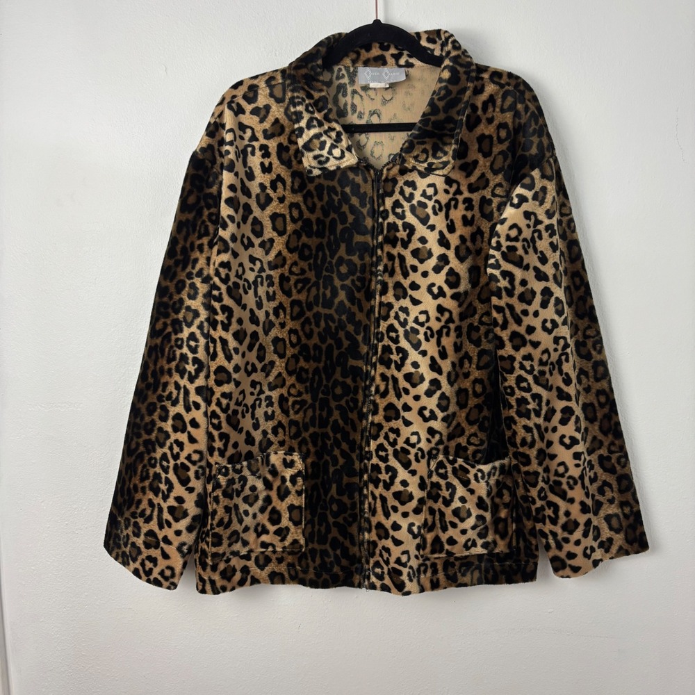 Vintage 80s 90s Cover Charge Leopard Print Faux Fur Plush Zip Jacket Large USA